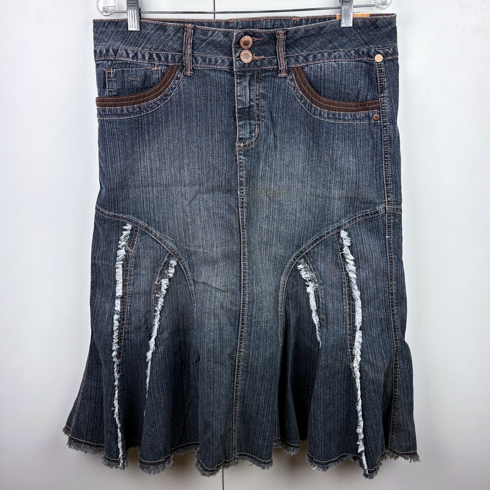 Y2K Vintage Low Rise Flared Midi Jean Denim Skirt Lace Up Back Baddie Bratz Blue